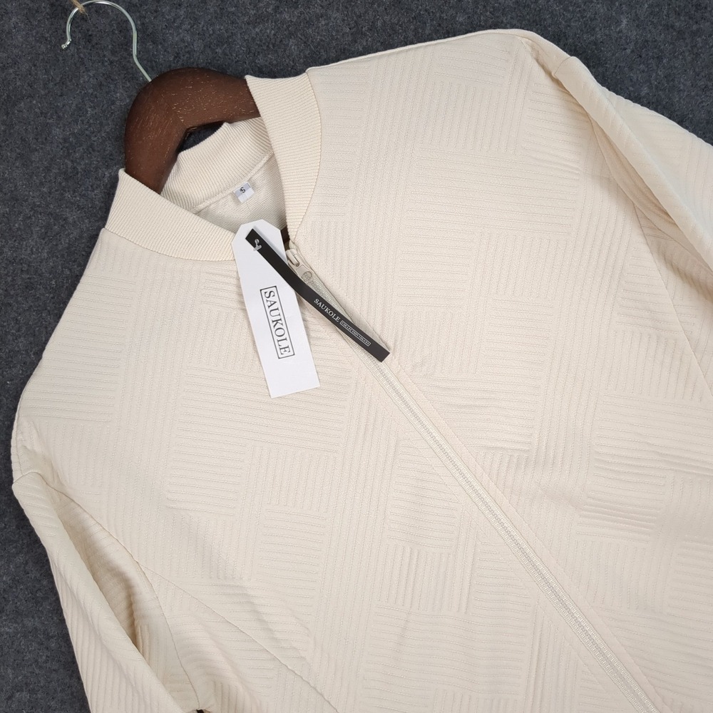 Saukole Womens Cream Textured Geometric Full Zip Bomber Jacket Size Small NWT